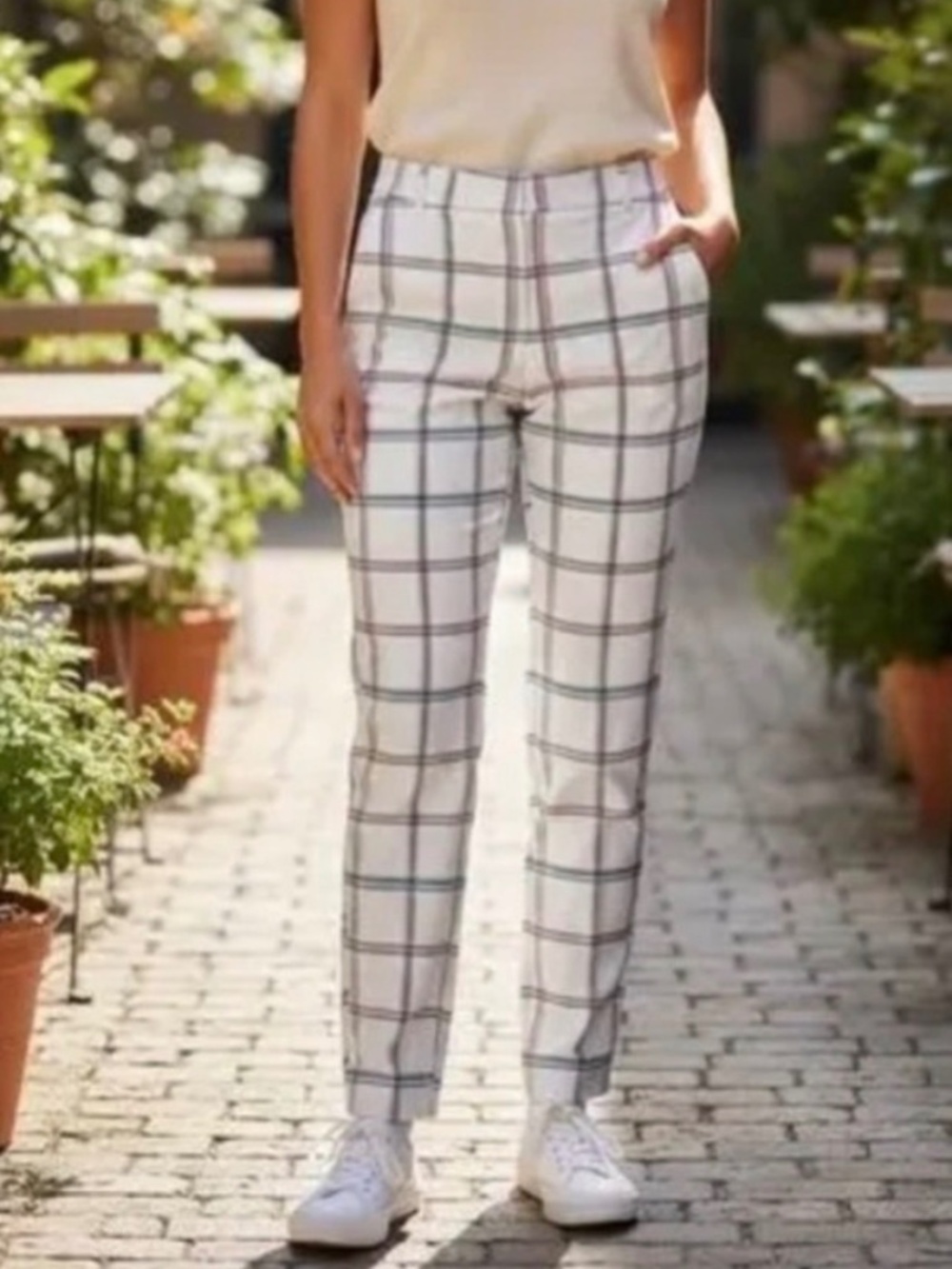 White Plaid Cropped Trousers with Pink & Black Windowpane